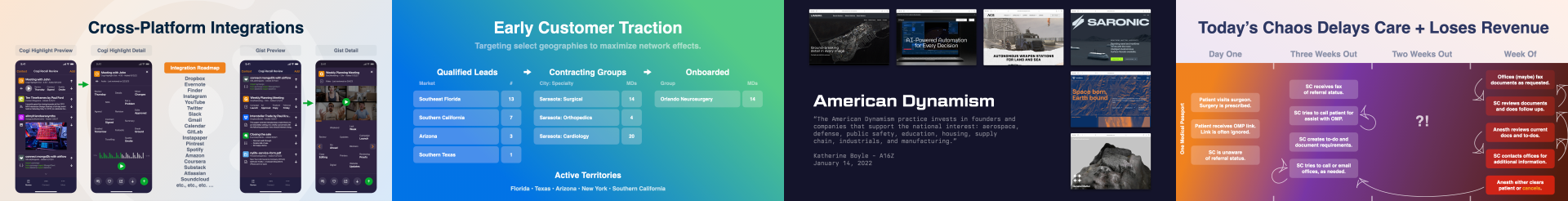 A row of pitch deck slide thumbnails.